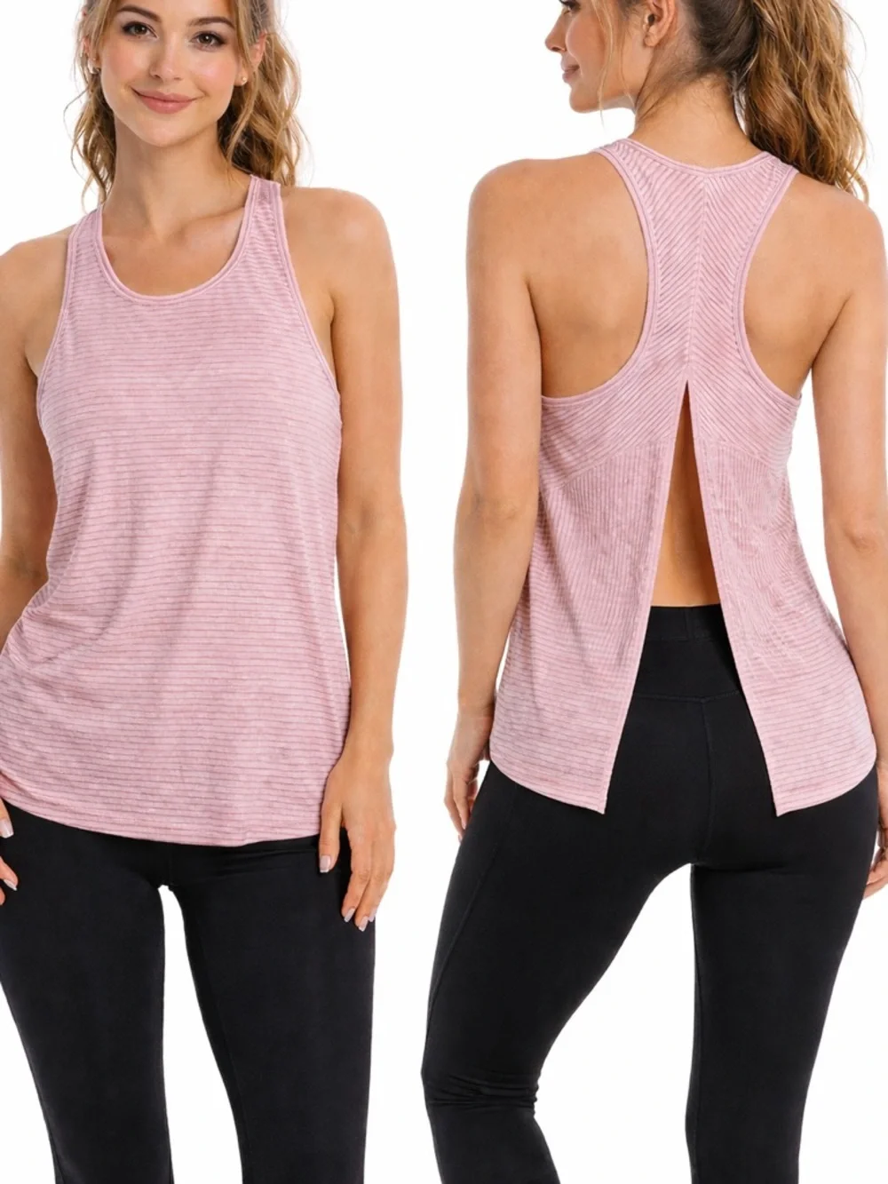 LULULEMON Pale Pink Striped Tank Top w Vented Split Back